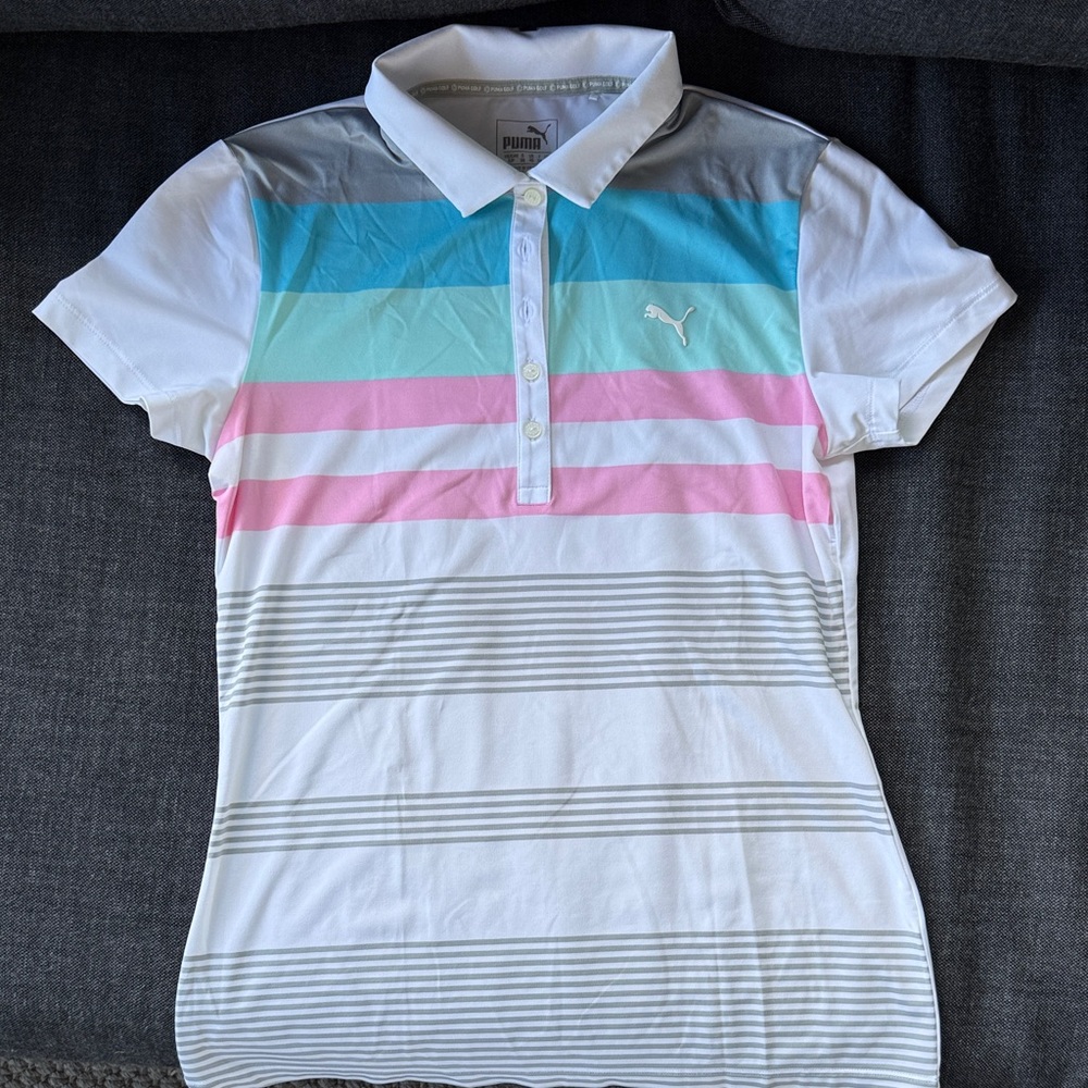 Puma White Polo with Blue, Mint, Grey and Pink Stripes
